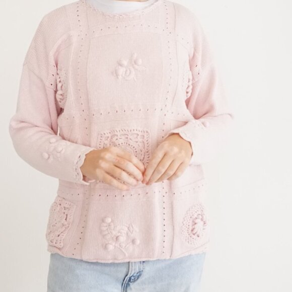 Vintage Exclusive Imports Pink Knit Embroidered Floral Pom Pom Crew Sweater M - Picture 2 of 12